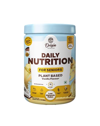 Origin Nutrition Senior Elder Adult Care Plant Based Protein Powder | Diabetic Friendly | For Healthy Ageing | 20 Vitamins & Minerals | 5 Superfoods Ayurvedic Herbs | Easy to Digest | No Preservatives | Vanilla, 300g Amazon.in: Health & Personal Care
