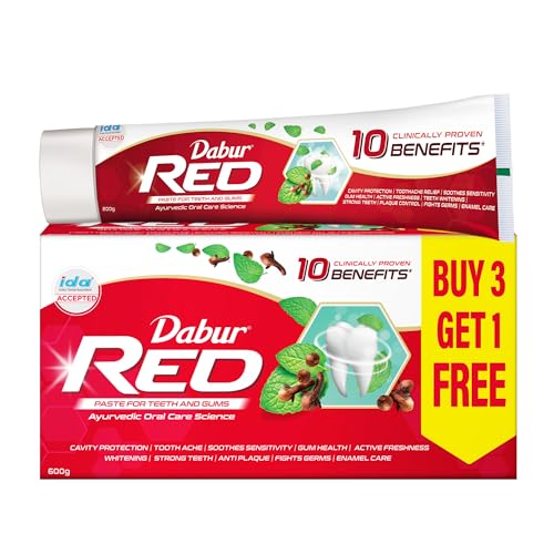 Buy Dabur Red 600g (150g x 4, Pack of 4) Toothpaste - India's No.1 Ayurvedic Paste, Provides Protection Plaque Removal, Toothache, Yellow Teeth, Bad Breath- Online at Low Prices in India - Amazon.in