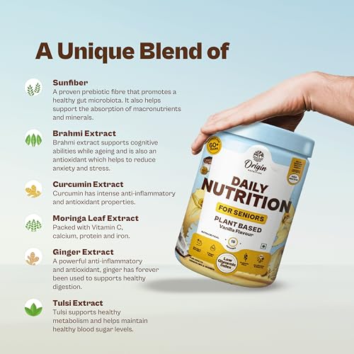 Origin Nutrition Senior Elder Adult Care Plant Based Protein Powder | Diabetic Friendly | For Healthy Ageing | 20 Vitamins & Minerals | 5 Superfoods Ayurvedic Herbs | Easy to Digest | No Preservatives | Vanilla, 300g Amazon.in: Health & Personal Care - Image 4