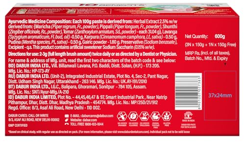 Buy Dabur Red 600g (150g x 4, Pack of 4) Toothpaste - India's No.1 Ayurvedic Paste, Provides Protection Plaque Removal, Toothache, Yellow Teeth, Bad Breath- Online at Low Prices in India - Amazon.in - Image 9