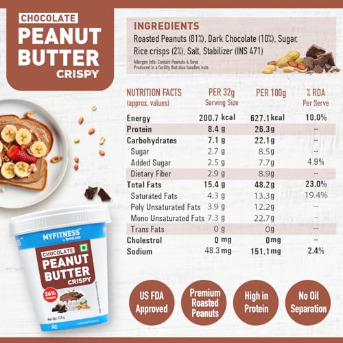 MYFITNESS Peanut Butter Chocolate Spread Crispy 510g | 21g Protein & 8g Fiber | Tasty & Healthy Nut Butter Spread for Breakfast & Snacks | Cholesterol Free | Zero Trans Fat | 100% Pure Roasted Nuts Amazon.in: Grocery & Gourmet Foods - Image 2