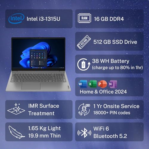 Lenovo V15 Intel Core i3 13th Gen (16GB RAM/512GB SSD/Windows 11 Home/Office 2024/Iron Grey) 15.6" FHD (1920x1080) Antiglare 250 Nits Thin & Light Laptop/1Y Onsite/1.65 kg, 83CCA08KIN Amazon.in: Electronics - Image 2