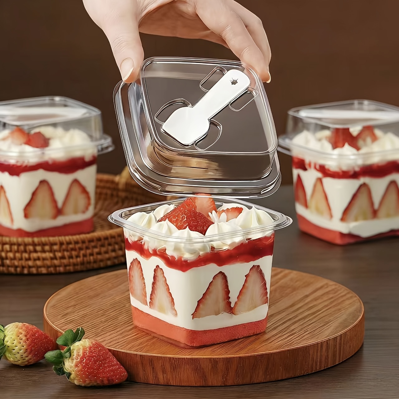 300Pcs *Pet Transparent Square Pudding Cups With Lids And Spoons