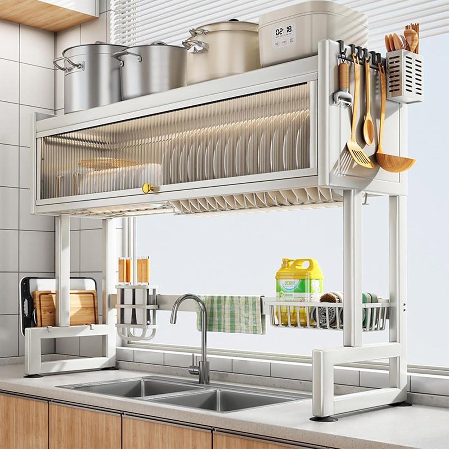 Three-Tier White Dish Rack For Over The Sink With A