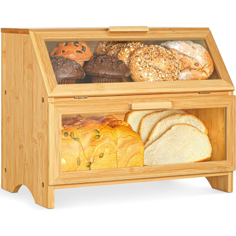 Large Double Layer Bamboo Bread Box With Clear Display Windows