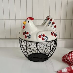 Farmhouse Hen-Shaped Ceramic & Metal Wire Egg Basket With Lid