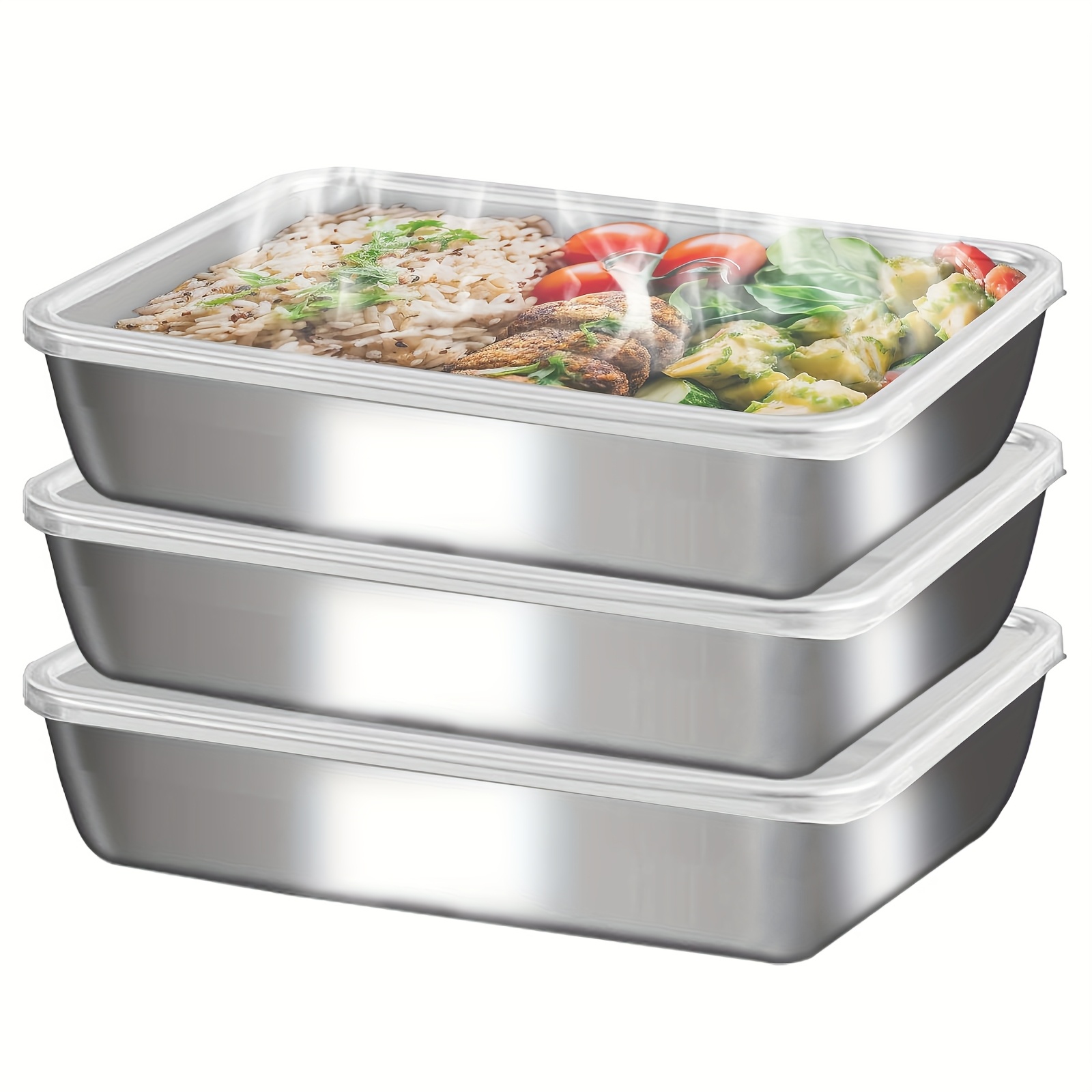 3Pcs/Set Large Stainless Steel Square Food Storage Containers With Transparent