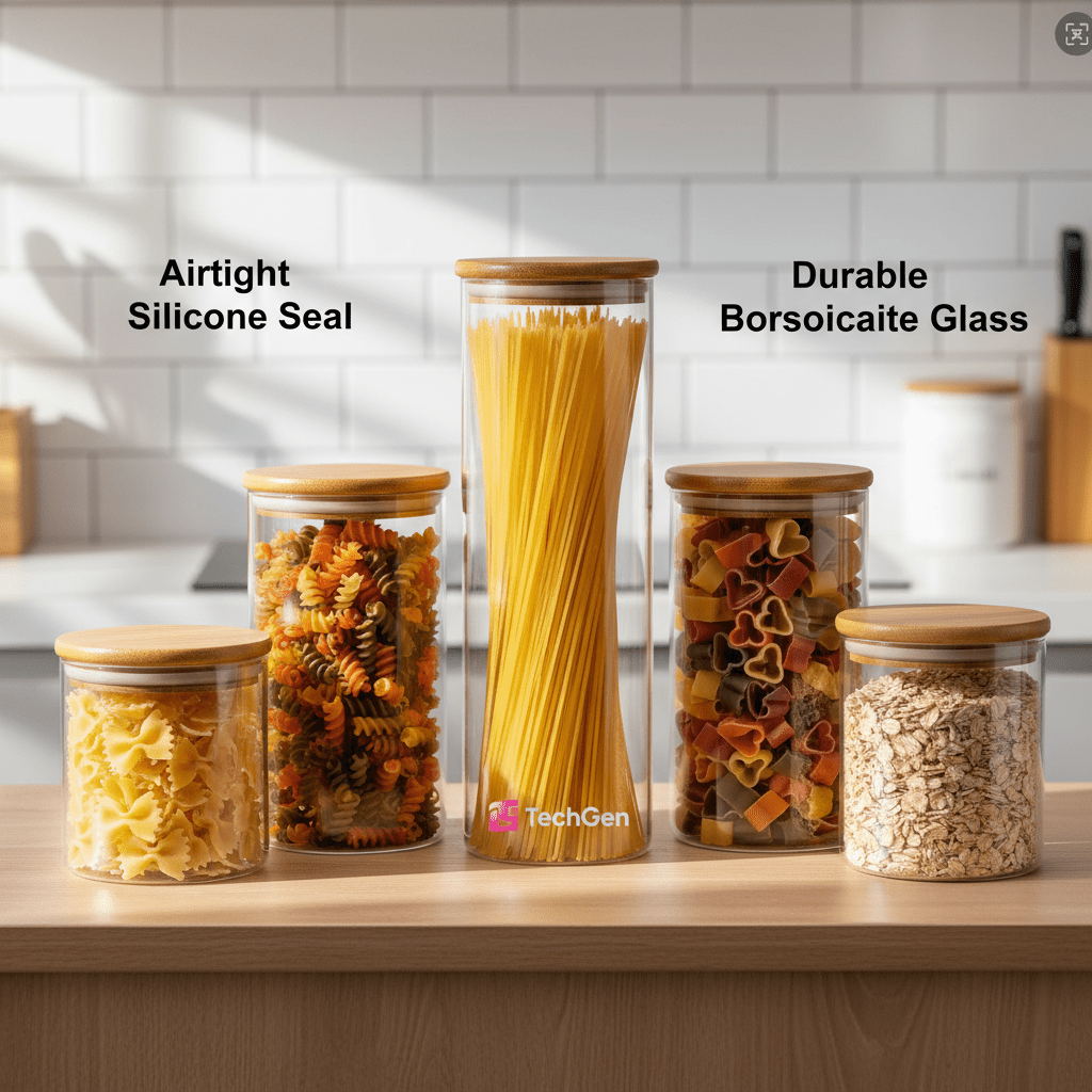 Glass Food Storage Jars Set Of 5 With Wooden Airtight