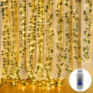 1pc, Artificial Green Leaf Curtain Light, Ivy Vine, USB-powered, 3*1 Specification with 100 Warm White Lights, Suitable for Living Room, Bedroom Curtains or Wall Decorations, Halloween, Christmas, New Year Festive Decorative Light String