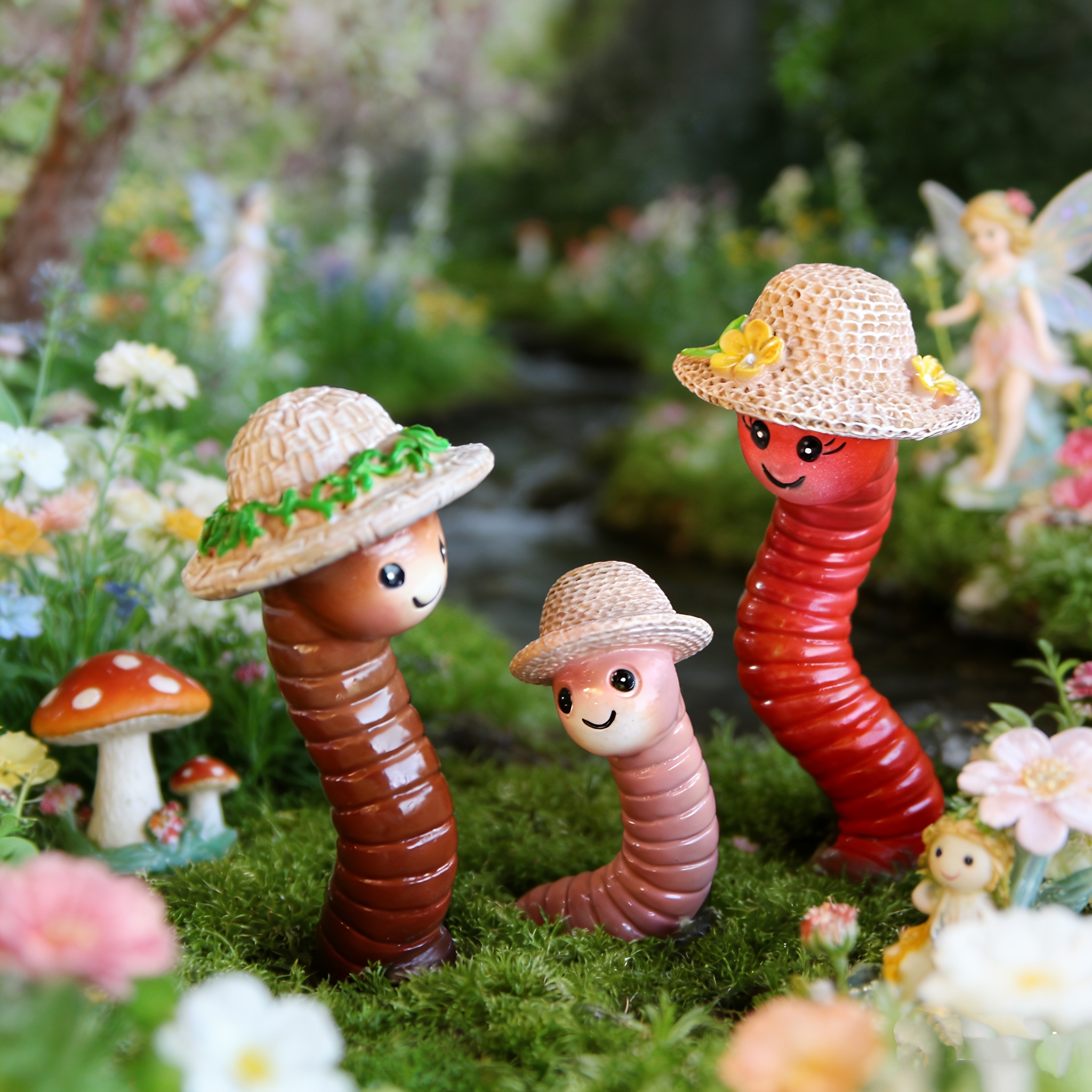 Colorful Cute Resin Earthworm Simulation Insect Figurine Ornament 3pcs