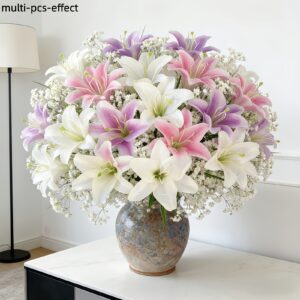 19pcs Elegant White/Pink/Light Purple Lily + White Baby's Breath Artificial