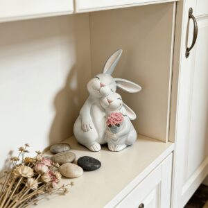 1pc Collectible Figurines Cute Hugging Rabbits with Flower Bouquet Resin