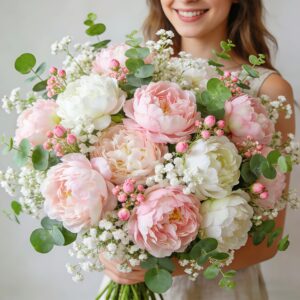 25pcs High-Quality Mixed Faux Pink and White Peony Bouquet with Baby's Breath and Eucalyptus Accents - Suitable for Weddings and Engagements - Home Decor - Holiday Decor - Photography Props - Wedding Decor - Windowsill Decor - Wedding Hand Bouquet