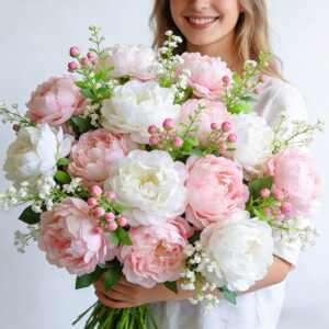 26pcs - Exquisite New Mixed Artificial Pink And White Peony Bouquet with 'S Breath - Suitable for Weddings, Home, Garden, And Table Decoration - No Maintenance Required - Perfect Choice for Weddings And Engagements, Mother'S Day, Valentine'S Day