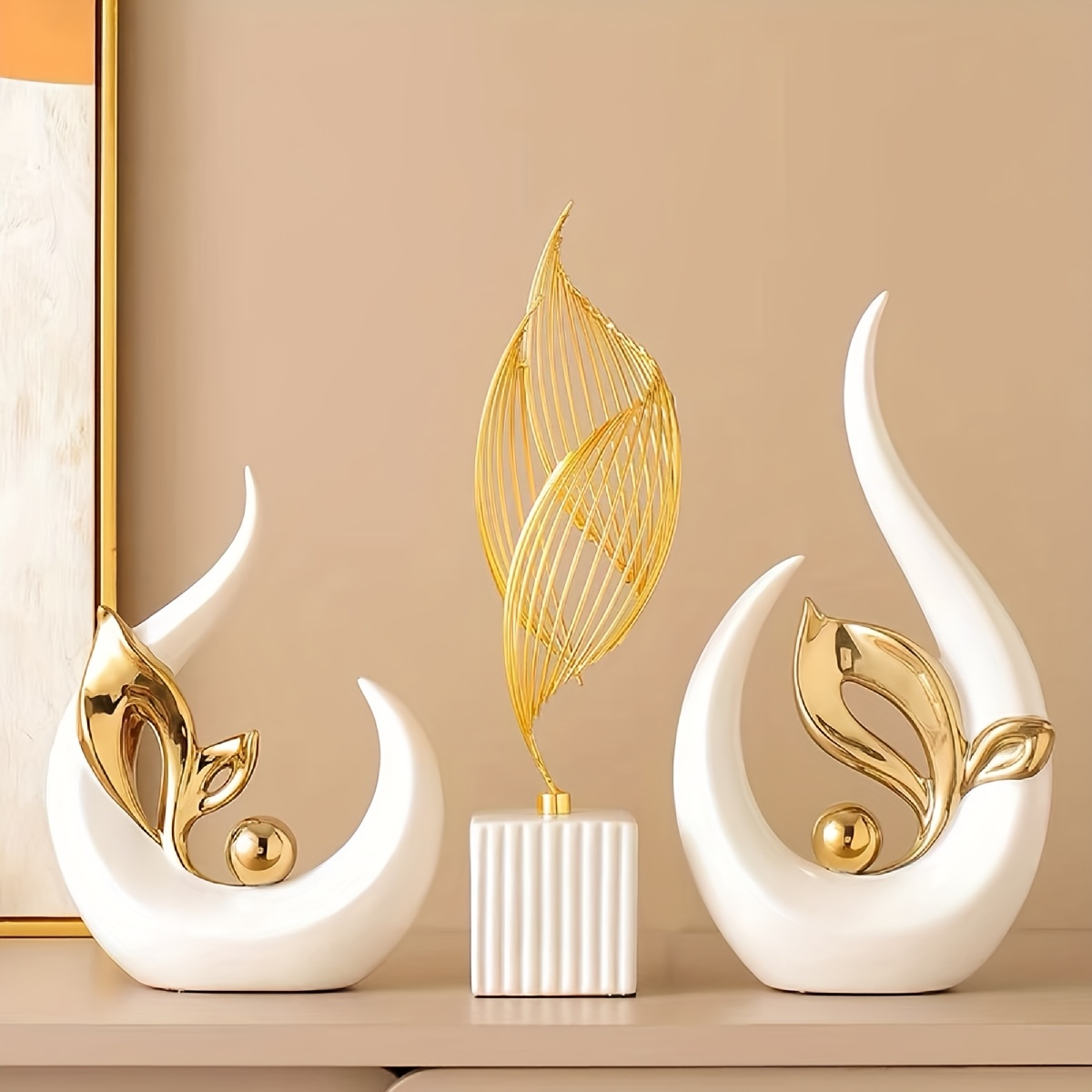 Modern White And Gold Abstract Resin Sculpture Set