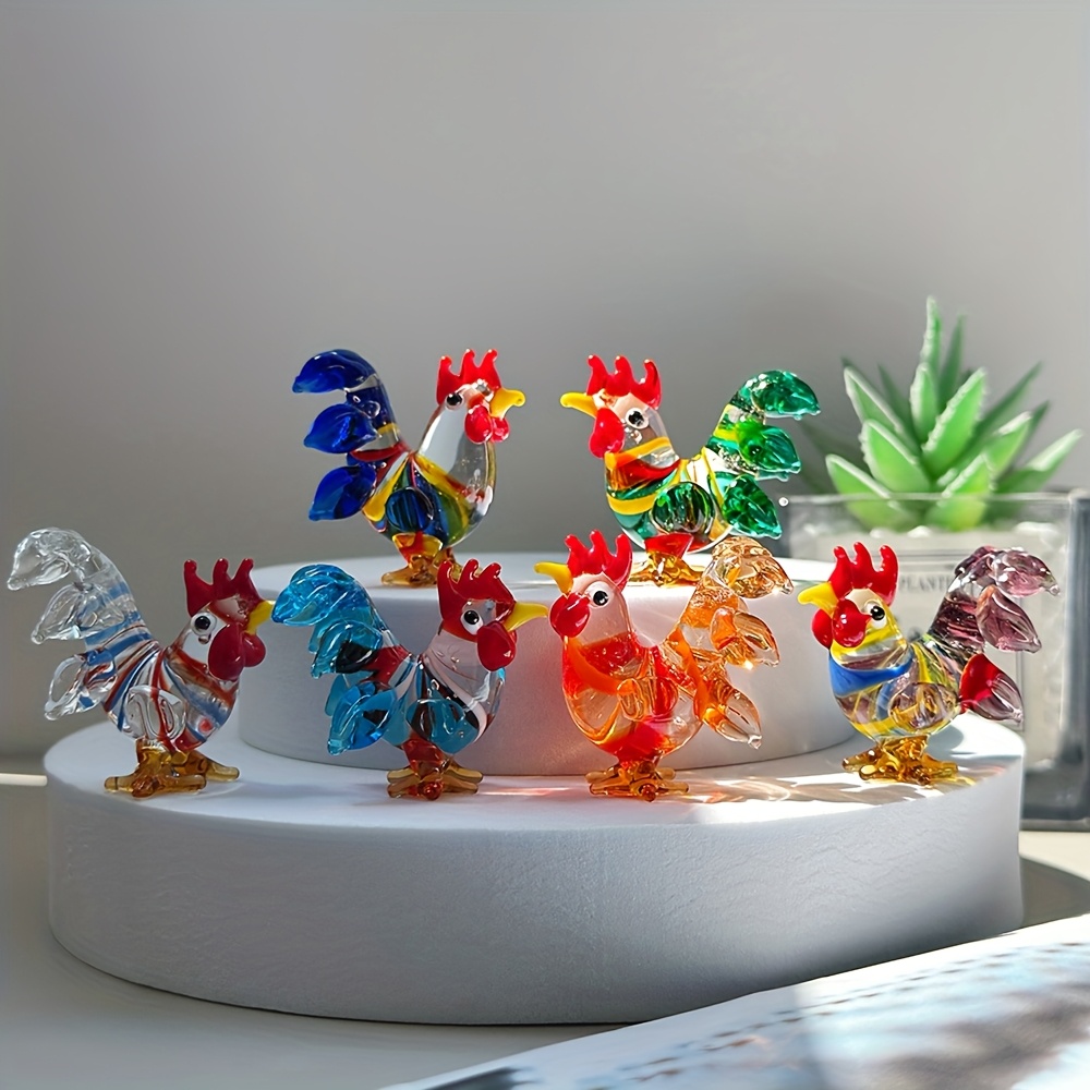 Two Handcrafted Crystal Glass Rooster Statues